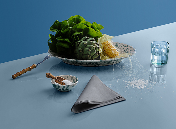 Blue table and background. The table is set. There are corn and lemon peels on the table along side our new products, premium bio placemat and premium bio napkin.